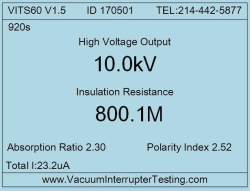 VITS60M test results screen showing insulation resistance, absorption ration and polarity index